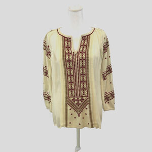 LUCKY Brand Boho Embroidered Cream Burgundy - Tunic - Long Sleeves